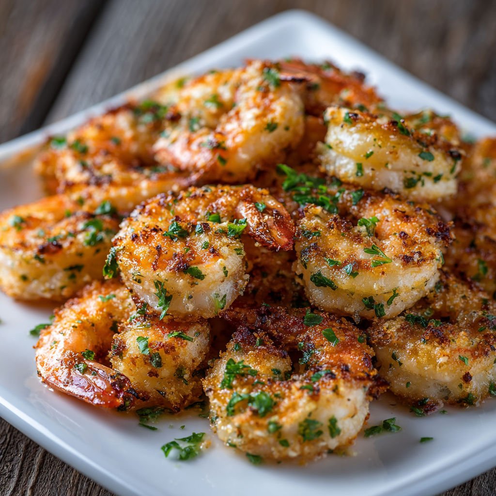 A plate of shrimp with herbs on top.
