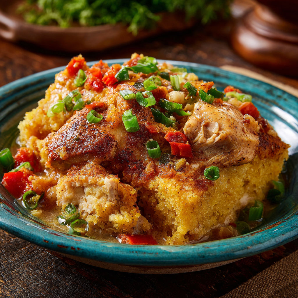 smothered cajun chicken and cornbread casserole