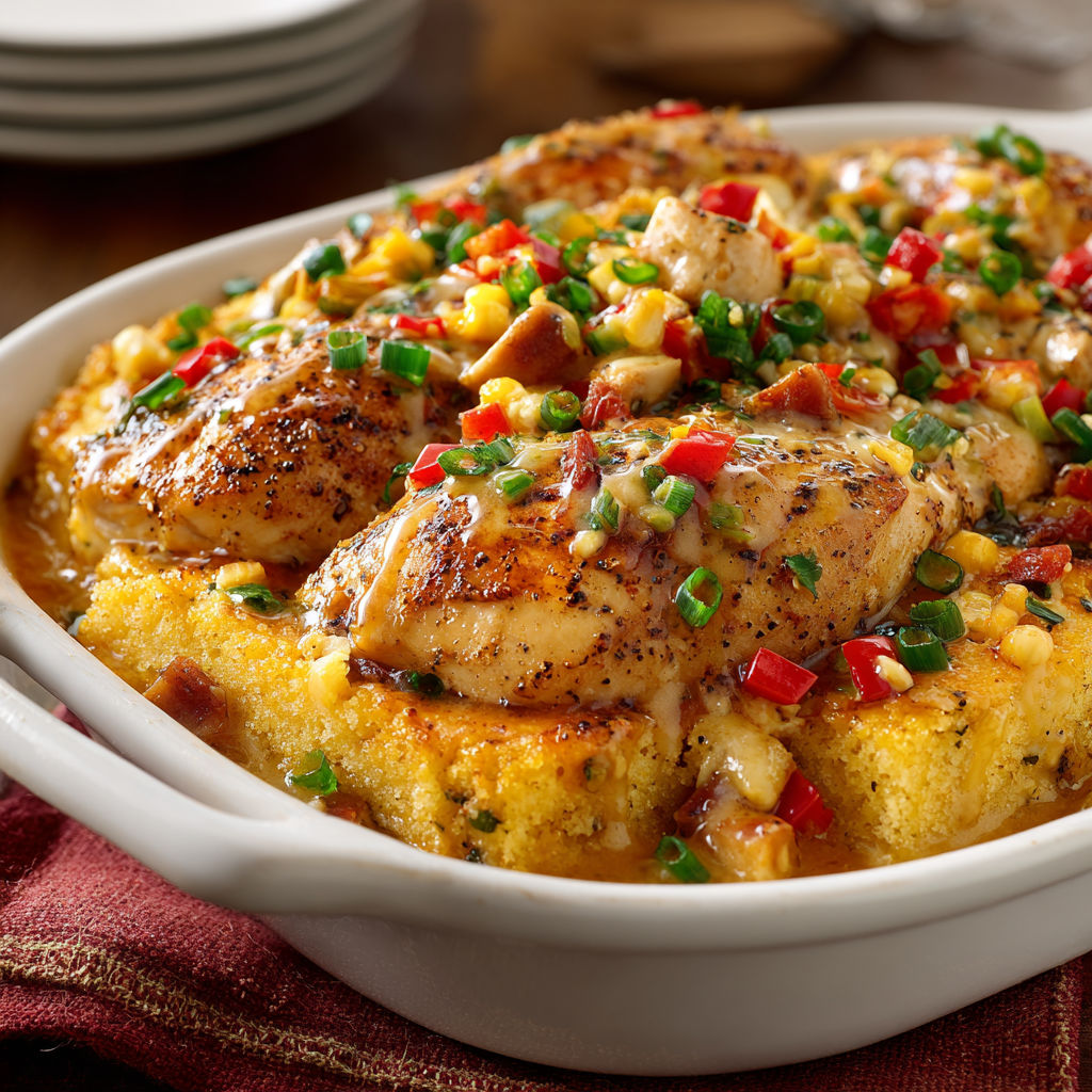 smothered cajun chicken and cornbread casserole