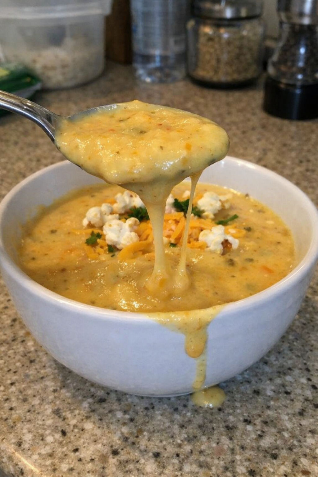 Beer Cheese Soup — spoon detail