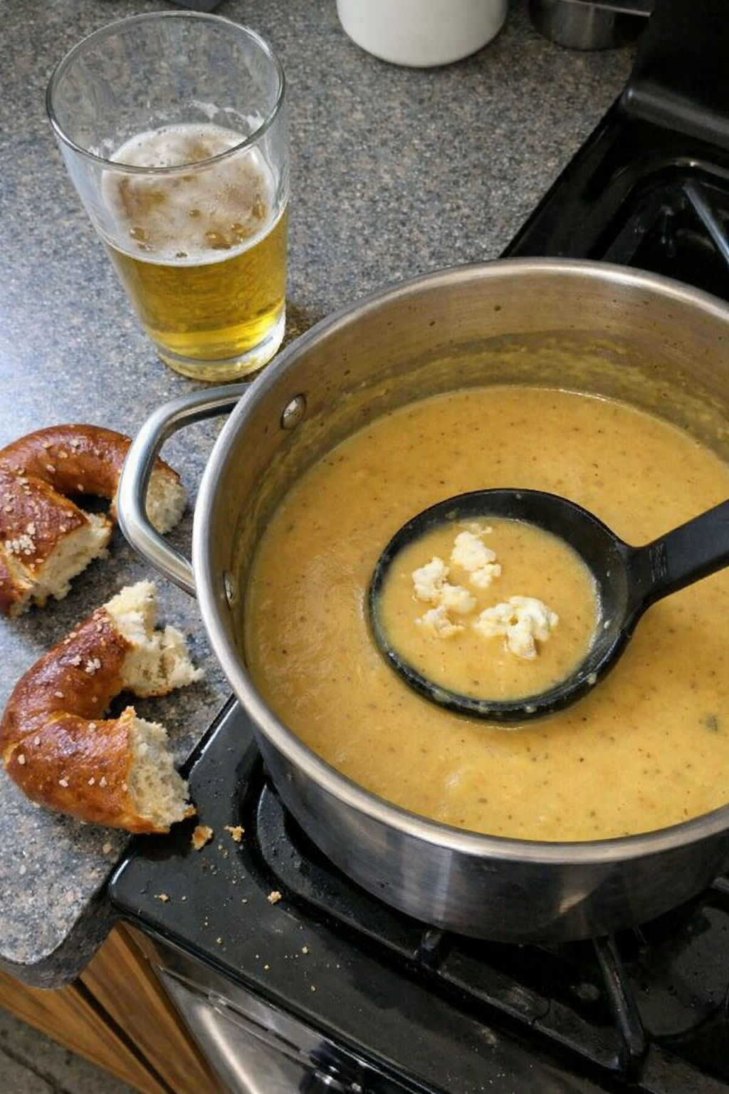 Beer Cheese Soup — pot with pretzel